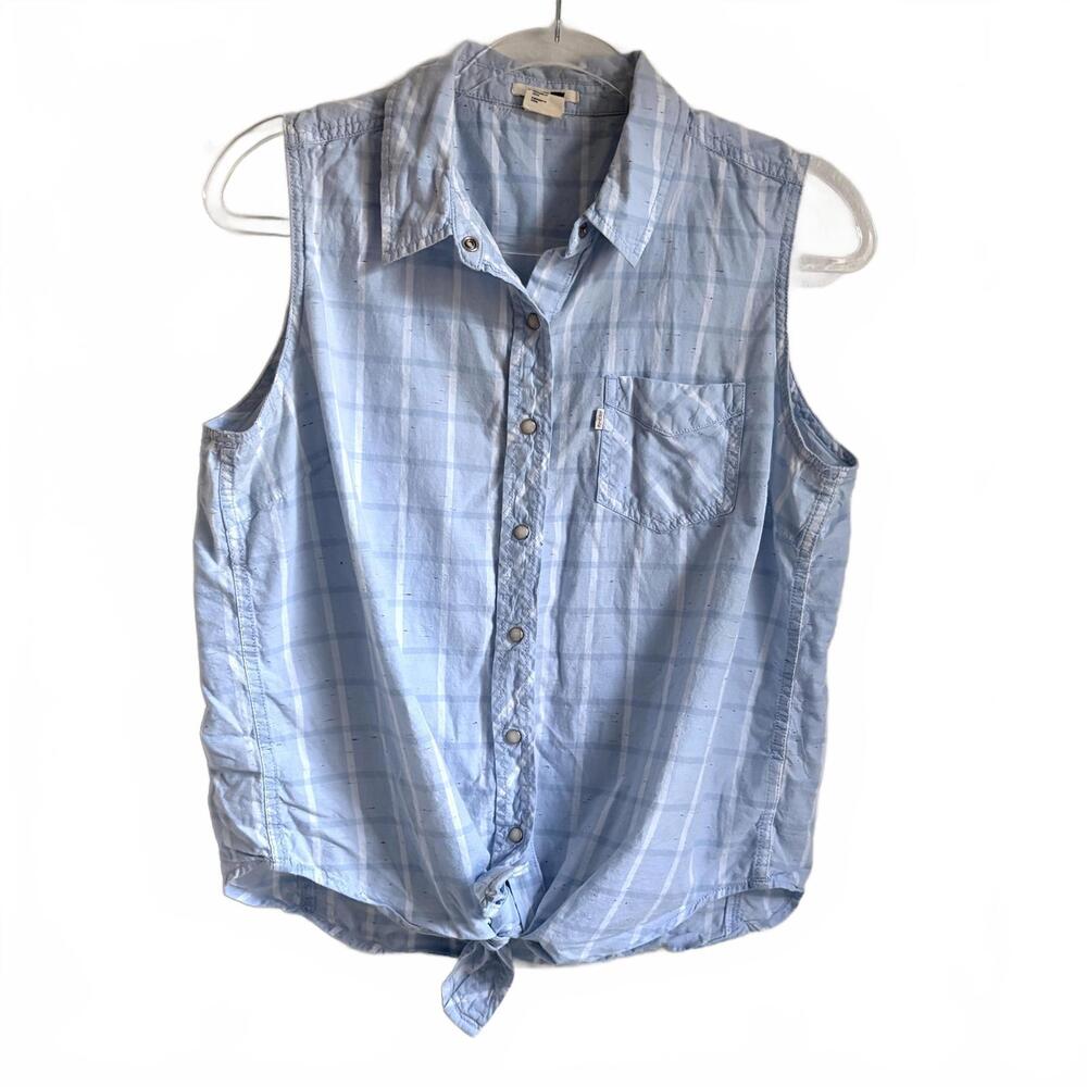 Levi’s | Women’s Sleeveless Button Up Tie Waist Blue White Plaid Shirt Size L